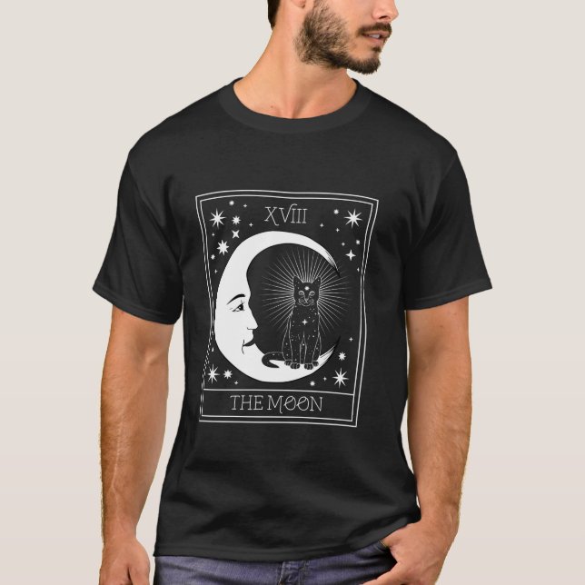 Tarot Card Crescent Måne och Black Cat Cosmic Grap T Shirt (Framsida)