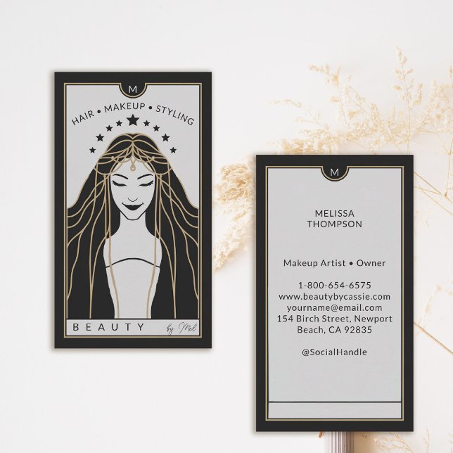 Tarot Card Makeup Hairdresser Monogram Guld Black Visitkort (tarot business card mystical goddess stars monogram makeup hair lashes psychic reiki healer)