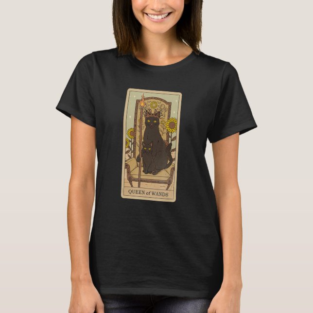 Tarot Card Queen Of Wands And Cat Cosmic Graphic C T Shirt (Framsida)