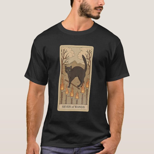 Tarot Card Seven Of Wands And Cat Cosmic Graphic C T Shirt (Framsida)