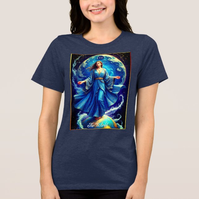 Tarot Card, världen, i Deep Blue T Shirt (Framsida)