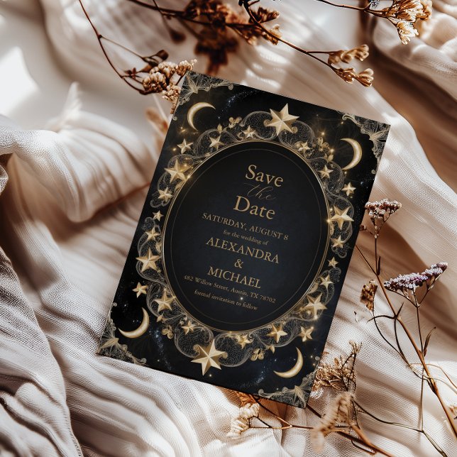 Tarot Celestial Bröllop Sol Måne Stjärnor Guld Spara Datumet (Skapare uppladdad)