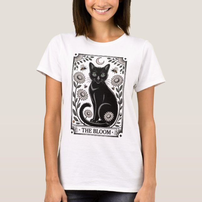 Tarot Karte - Schwarze Katze mit Blumen T Shirt (Framsida)