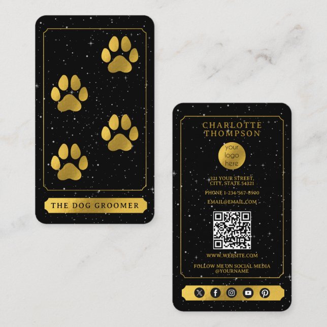 Tarot Logotyp Hund Grooming Service Black Guld Visitkort (Fram/baksida)