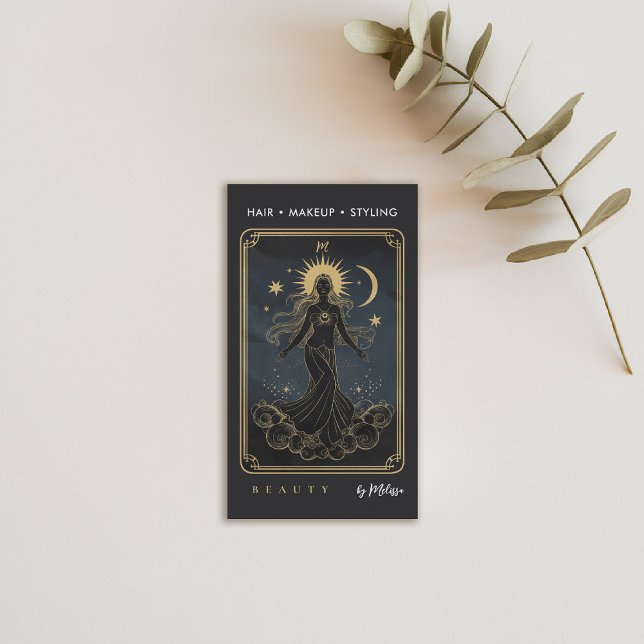 Tarot Måne Vatten Goddess Modern Elegant Black Gul Visitkort (tarot business card mystical water gold black makeup hair lashes psychic reiki healer)
