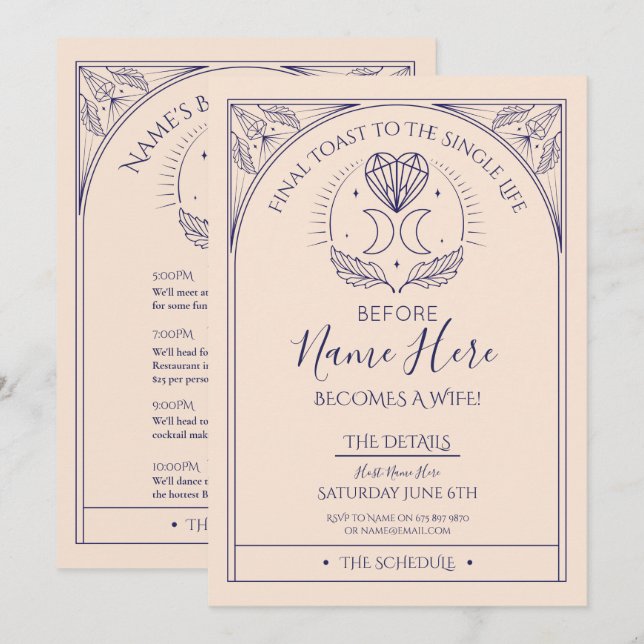 Tarot Möhippa Party Itinerary Heart Mystical Inbjudningar (Fram/baksida)