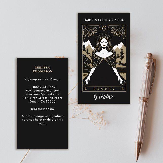 Tarot Mountains Goddess Modern Elegant Black Guld Visitkort (tarot business card mountains nature mystical gold black makeup hair lashes psychic reiki healer)