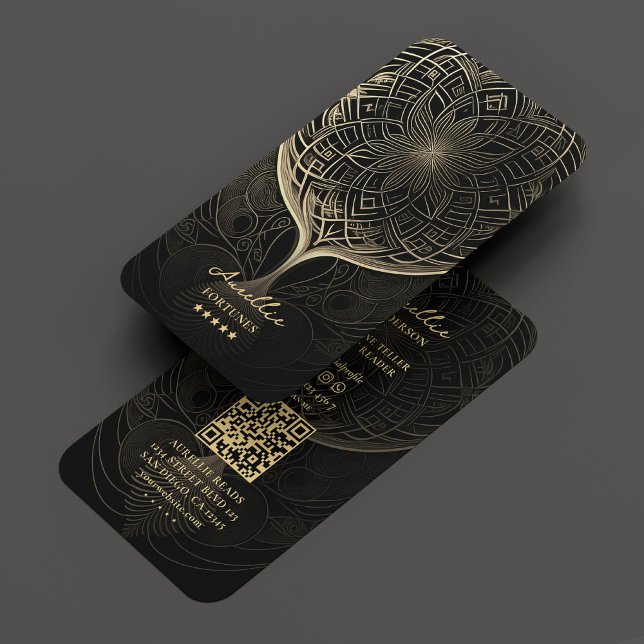 Tarot Reader Psychic Elegant Black Guld Mandala Visitkort (Fortune Teller Tarot Psychic Elegant Black Gold Business Card
)