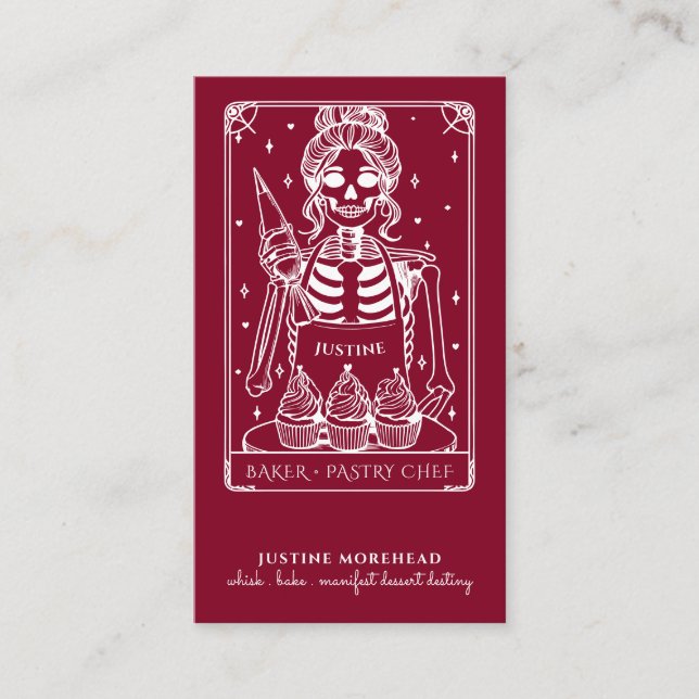 Tarot Skeleton Baker Whisk Cupkaka Burgundy Visitkort (Framsida)