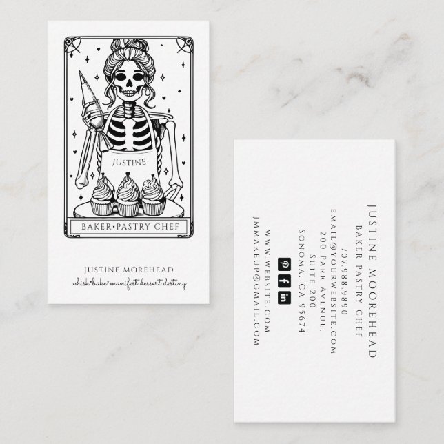 Tarot Skeleton Baker Whisk Cuptårta Affärskort Visitkort (Fram/baksida)