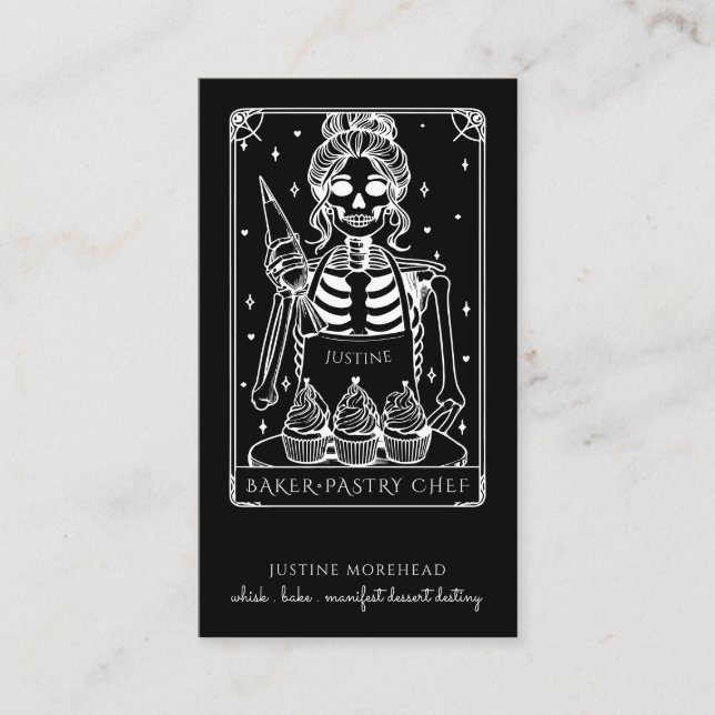 Tarot Skeleton Baker Whisk Cuptårta Black Visitkort (Framsida)