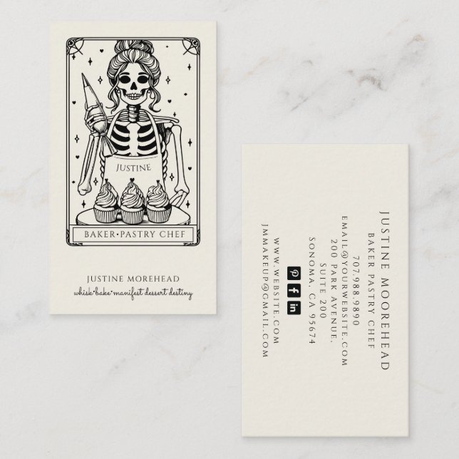 Tarot Skeleton Baker Whisk Cuptårta Cream Visitkort (Fram/baksida)