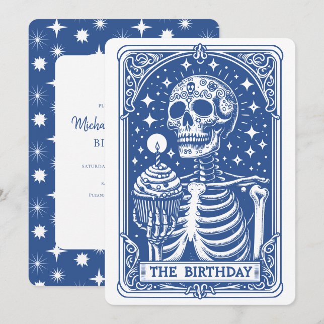 Tarot Skeleton Blue Birthday Inbjudningar (Fram/baksida)