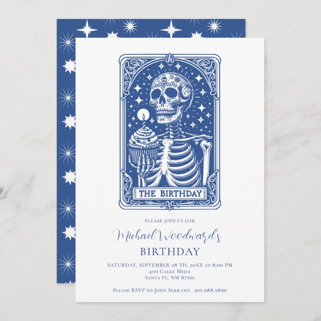 Tarot Skeleton Blue Birthday Inbjudningar (Fram/baksida)