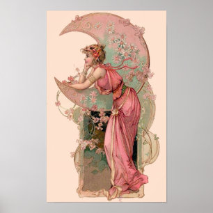 TAROTER/DAM I MÅNE MED BLOMMOR I ROSA POSTER