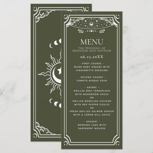 Tarotkort för Olive & White Elegant Bröllop Meny (Fram/baksida)