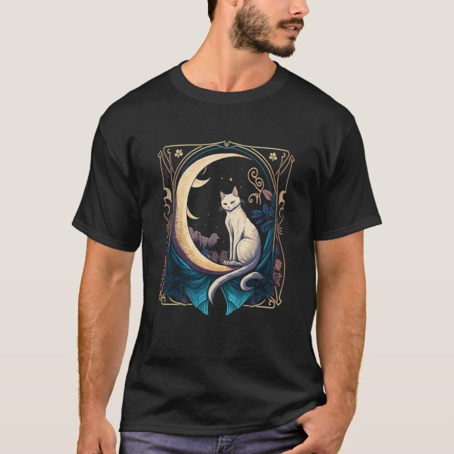 Tarotkort Halvmåne Och Kattgrafik T Shirt (Framsida)