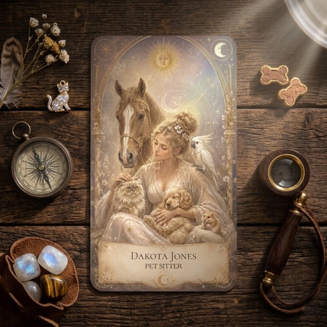 Tarotkort Himmelsk Kvinna Sol Måne Husdjurs Sitter Visitkort (Skapare uppladdad)