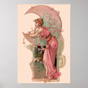 TAROTKORT / MÅNENS DAM MED BLOMMOR I ROSA POSTER
