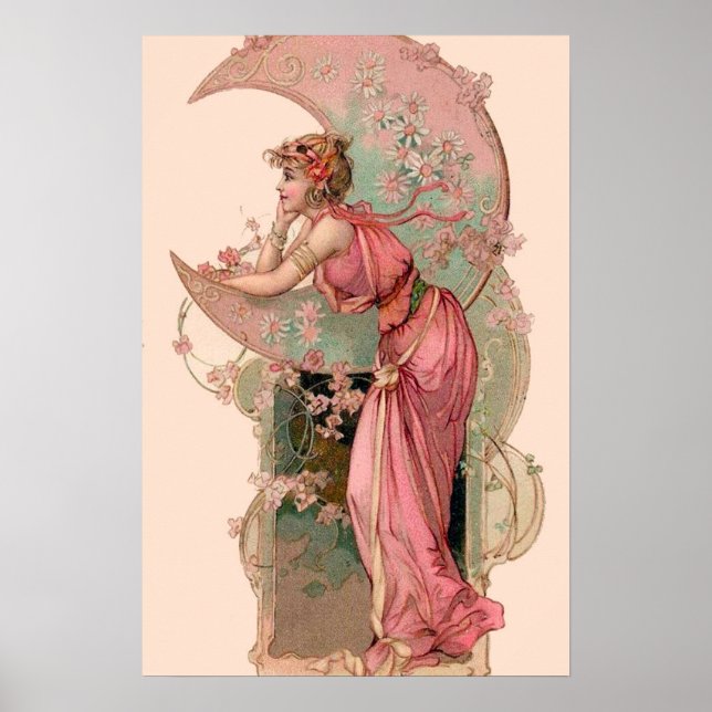 TAROTKORT / MÅNENS DAM MED BLOMMOR I ROSA POSTER (Framsidan)
