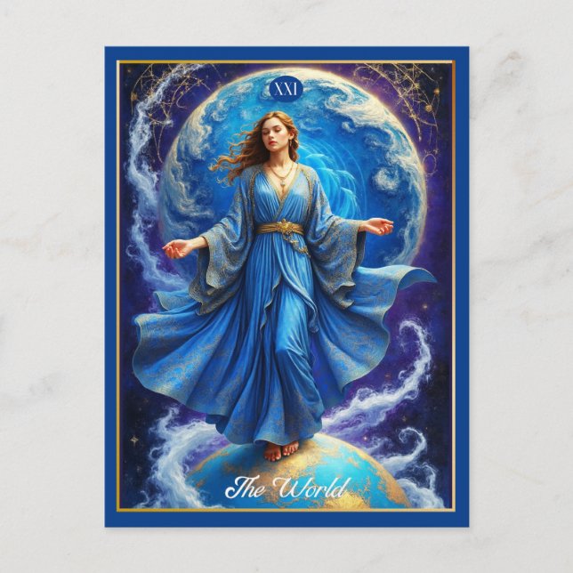 Tarotkort, Världen, i djupblått  Vykort (Framsida)