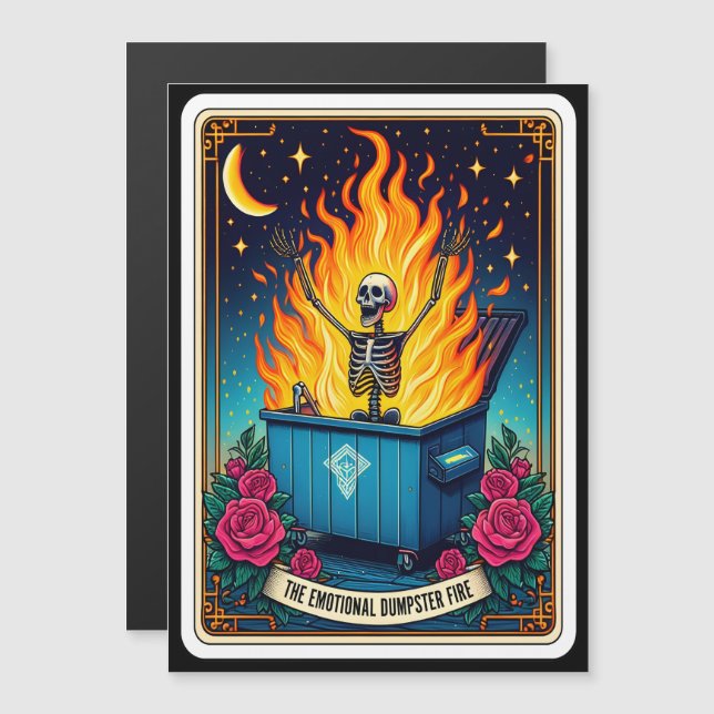 Tarotkortets magnet "Emotional Dumpster Fire" (Fram/baksida)