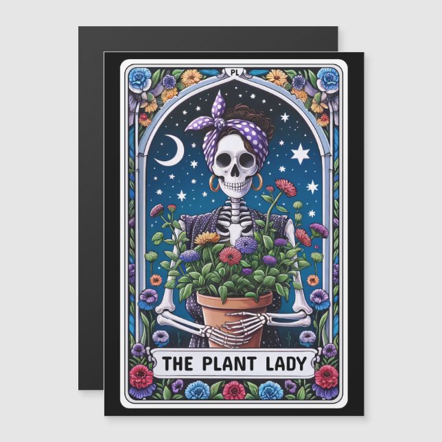 Tarotkortets magnet "Plant Dam" (Fram/baksida)