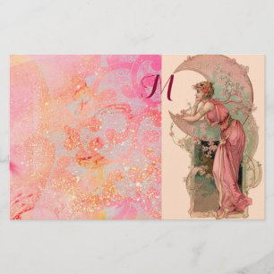 TAROTS/MÅNE DAM,ROSA BLOMMIGT SWIRLS MONOGRAM BREVPAPPER