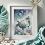 Tårsköldpadda och Sjöjungfru Poster<br><div class="desc">Njut i en värld av vismisk fantasi med denna fantastiska sjöjungfru och havssköldpadda, uteslutande från Do tell A Belle. Den här fängslande teckningen har en havssköldpadda och sjöjungfru i spolen, grönt under vatten-floran, som skapar en mesmarsande perfekt vid stranden bild för varje kustdekoration. Den här havssköldpaddan teckning, som är målad...</div>