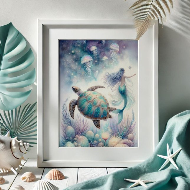 Tårsköldpadda och Sjöjungfru Poster (beach pictures mermaid and sea turtle drawing by Do Tell A Belle. Shop)