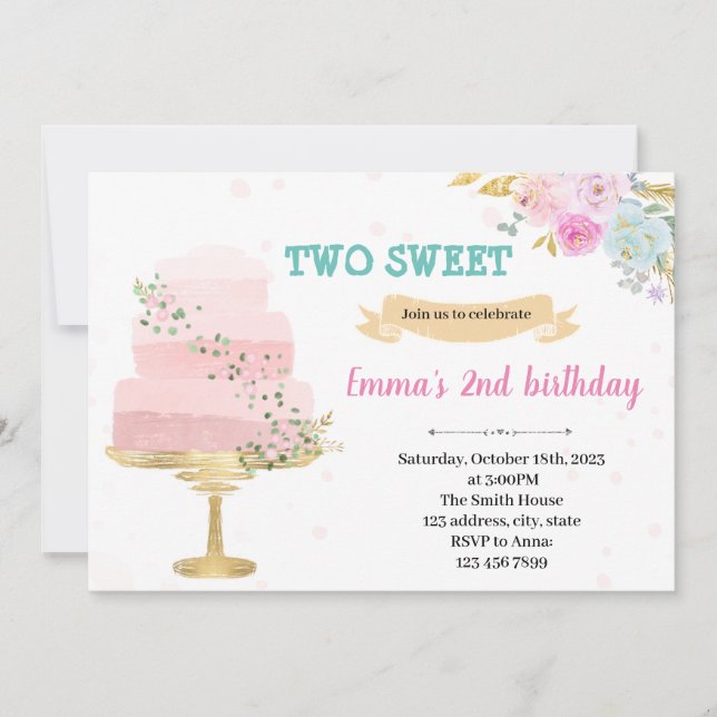 Tårta 2-års födelsedagsinbjudan inbjudningar (Framsida)