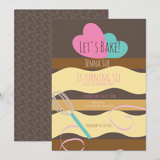 Tårta dekoration födelsedag rosa strössel inbjudningar (Fram/baksida)