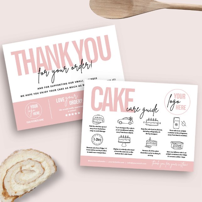 Tårta vårdförteckning, V2 Tårta vårdinstruktioner Vykort (Feminine pink cake care card and business thank you card)