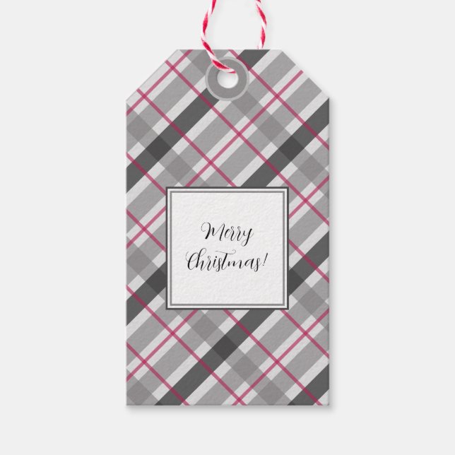 Tartan Balmoral Black Grått Burgundy Monogrammed Presentetikett (Framsidan)