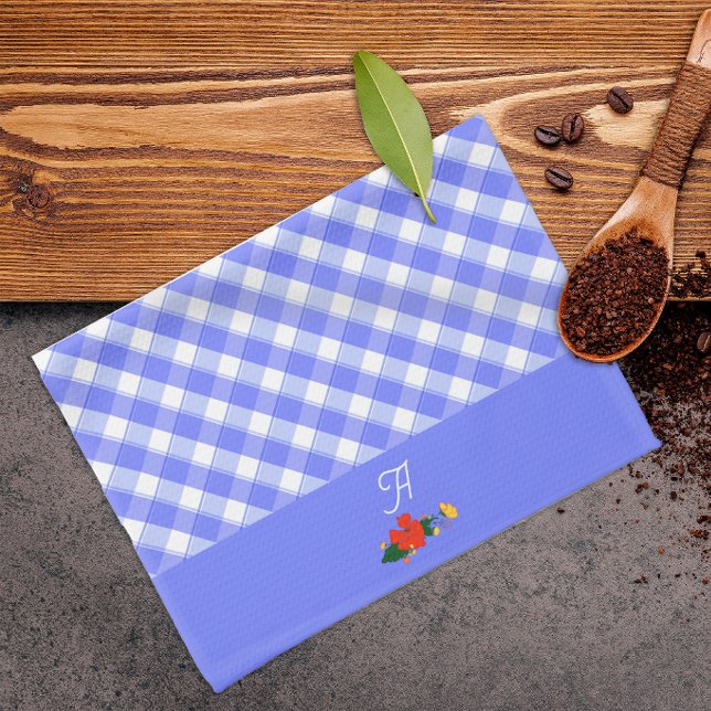 Tartan blå enkel blommönster  kökshandduk (Skapare uppladdad)