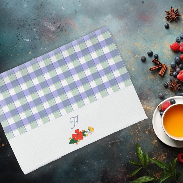 Tartan blågrön vildblommig mönster initial kökshandduk (Skapare uppladdad)