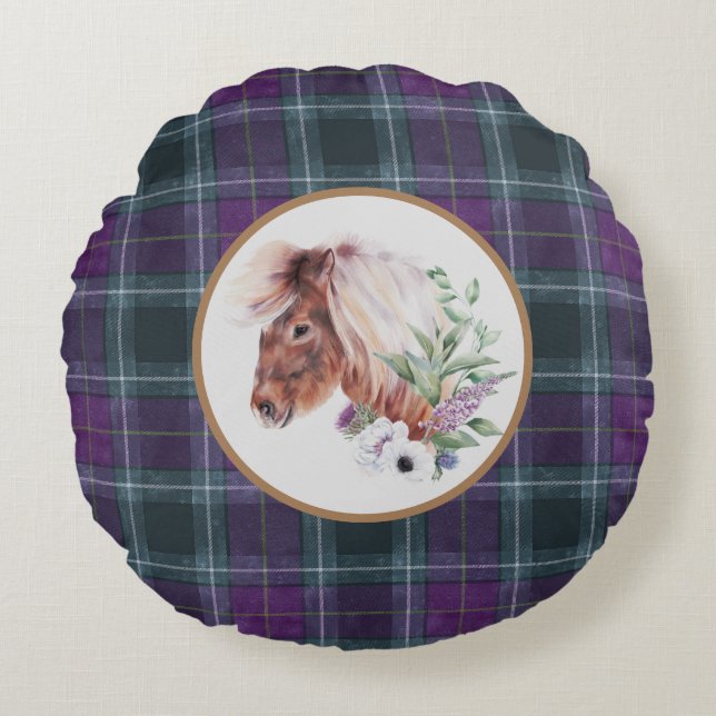 Tartan Blommigt Horse Scottish Theter Rund Kudde (Framsidan)