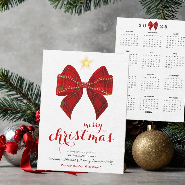 Tartan Bow 2026 Calendar God jul Calendar Julkort (Red Elegant Tartan Bow 2026 Calendar Merry Christmas Keepsake Calendar Holiday Card)