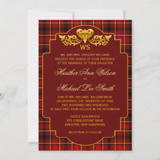 Tartan Bröllop Red Black Guld Play Mönster Färg Inbjudningar