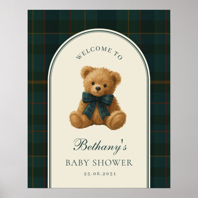 Tartan Check Teddy Bear Baby Shower Welcome Poster (Framsidan)