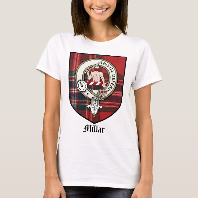 Tartan för emblem för Millar klanvapensköld Tee Shirt (Framsida)