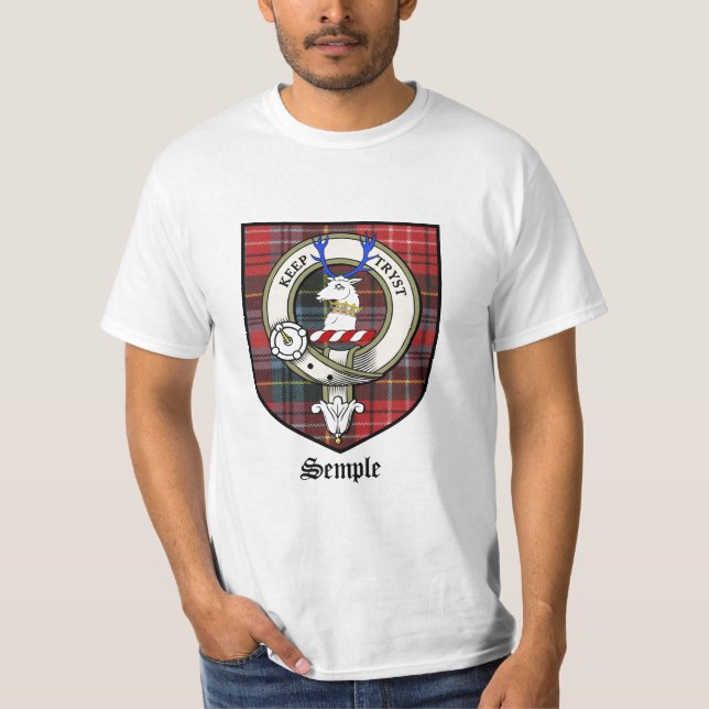 Tartan för emblem för Semple klanvapensköld Tee Shirt (Framsida)