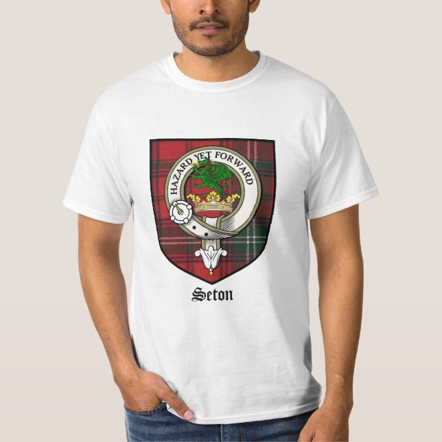 Tartan för emblem för Seton klanvapensköld Tee Shirt (Framsida)