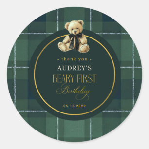 Tartan Grön Polo Randig Teddy Beary 1-årsdag Runt Klistermärke
