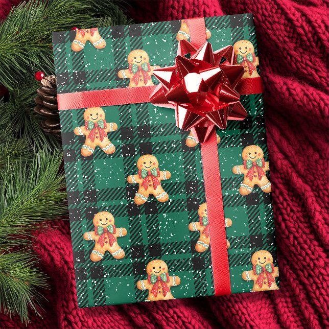 Tartan Grönt Black Gingerbröd Snowfall jul Presentpapper (Tartan Green Black Gingerbread Snowfall Christmas Wrapping Paper)