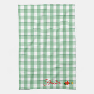 Tartan grönt enkelt vildblommotiv namn kökshandduk