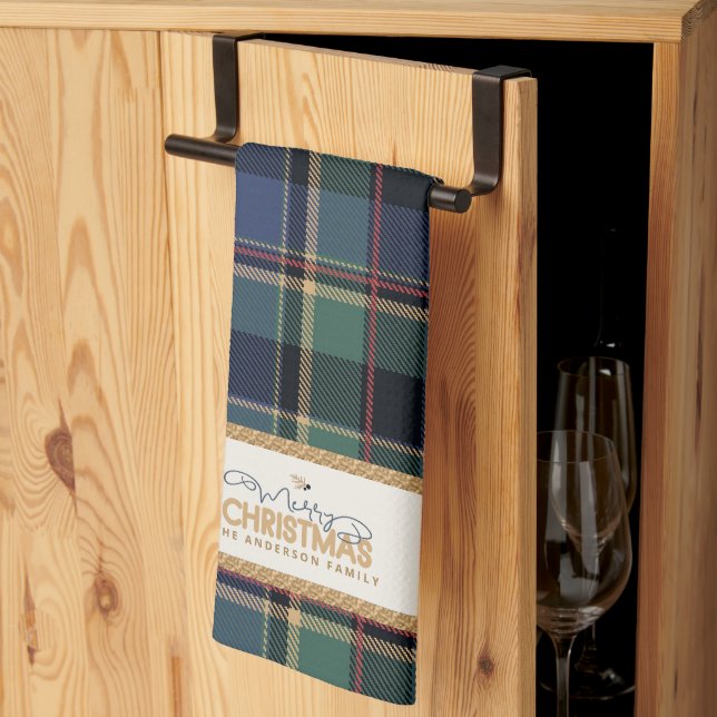 Tartan Merry Christmas Gold Frame ID1141B Kökshandduk (Thirds Fold)