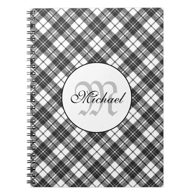 Tartan mönster, svart, vit Monogram Anteckningsbok (Framsidan)
