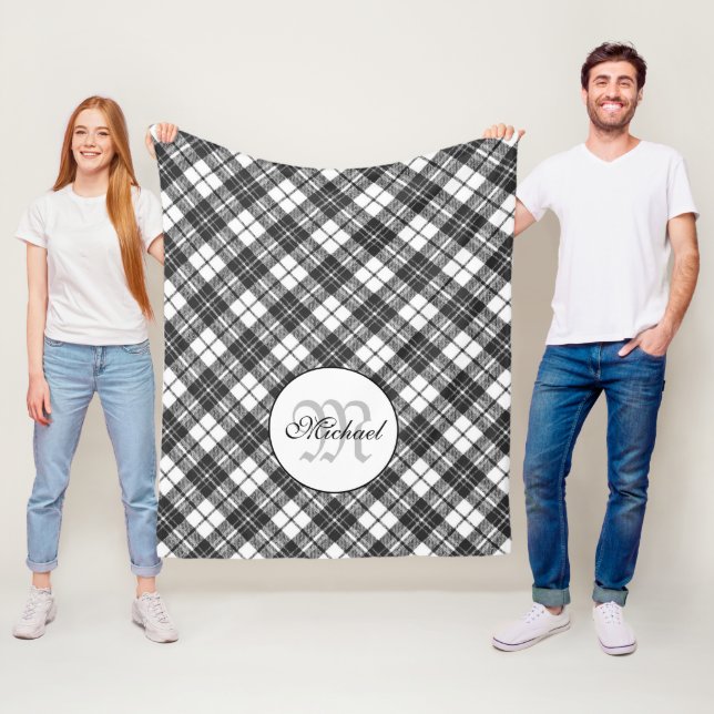 Tartan mönster, svart, vit Monogram Fleecefilt (På plats)