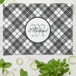 Tartan mönster, svart, vit Monogram Kökshandduk